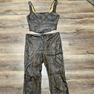 Brown Faux-Leather Wide-Leg Pants Set - Women's